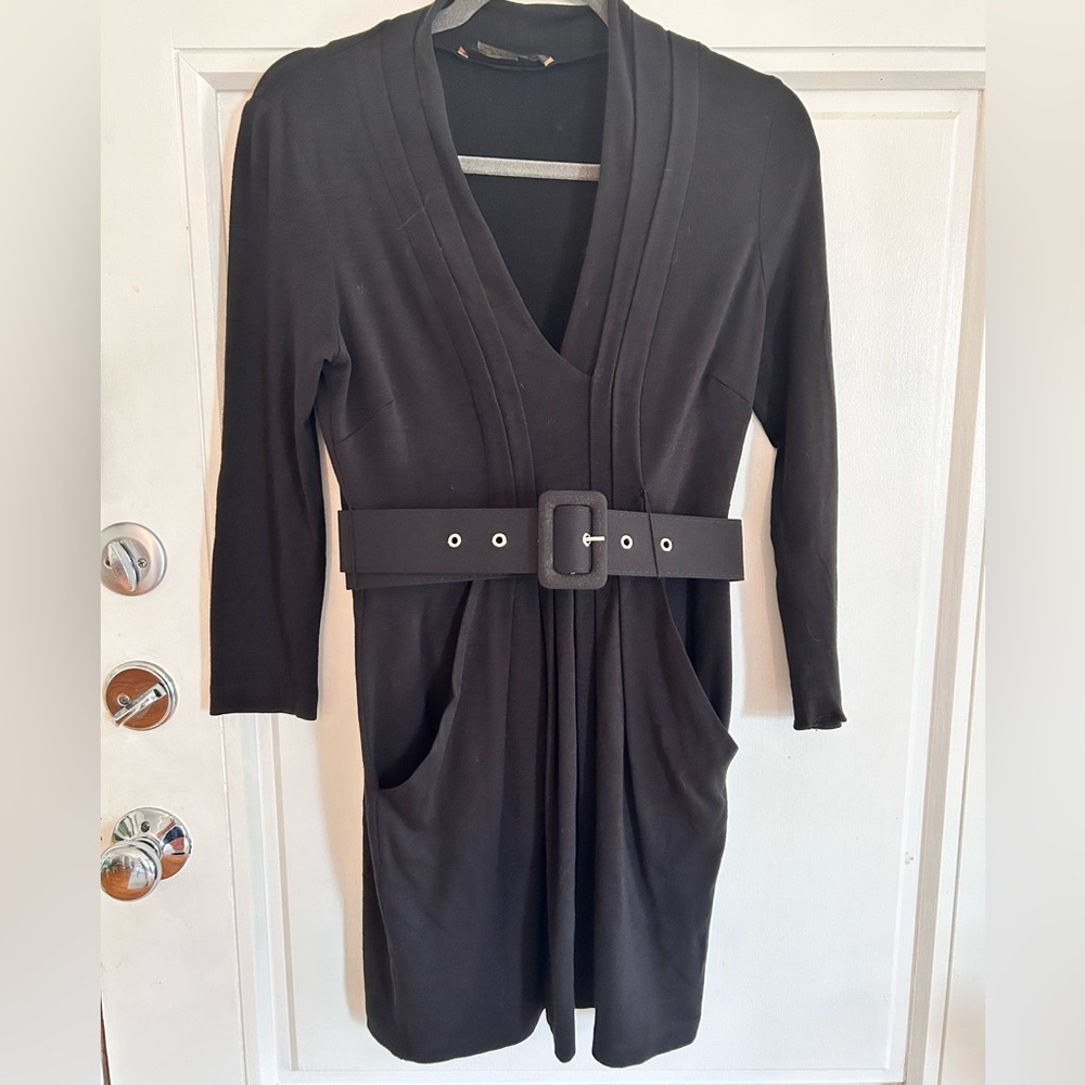 Nice fabric, black mini BCBG dress with belt and pockets